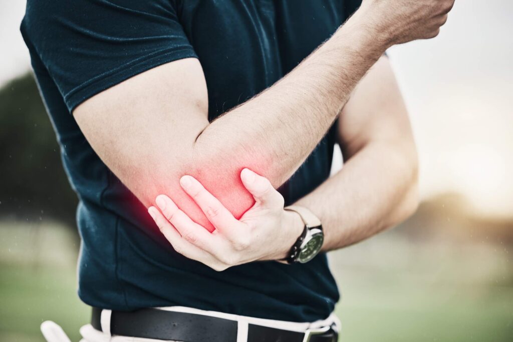 Elbow pain and man on golf course holding arm during game