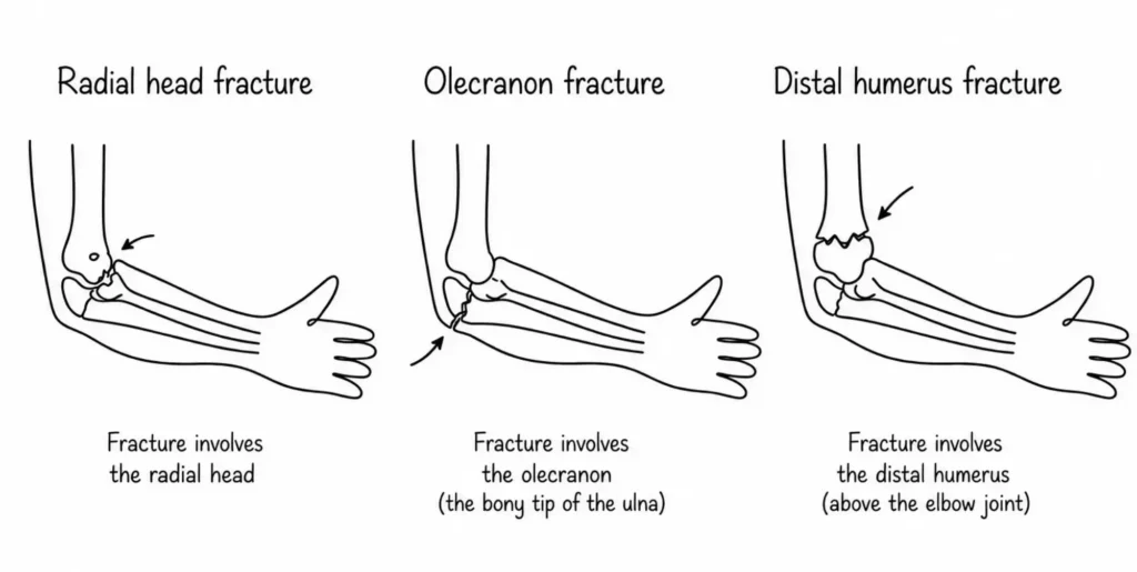 elbow fractures diagram including radial head fracture, olecranon fracture, and distal humerus fracture